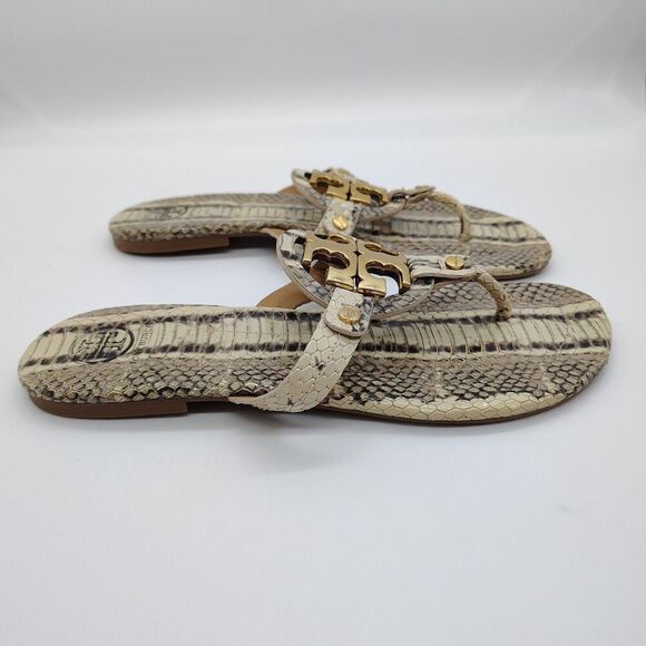 Tory Burch Miller Snakeskin Print Thong Sandals Gold Logo Size 6.5 - Picture 3 of 8
